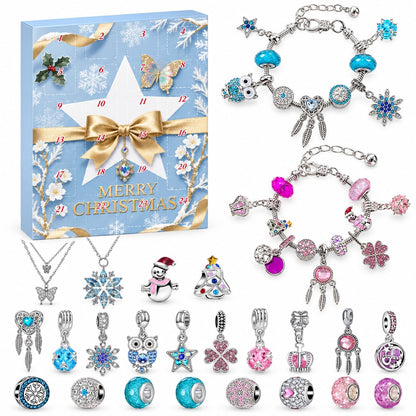 Schmuck Adventskalender Mädchen: hellblaue Box mit weissem Stern und goldener Schleife, davor Armbänder und Ketten