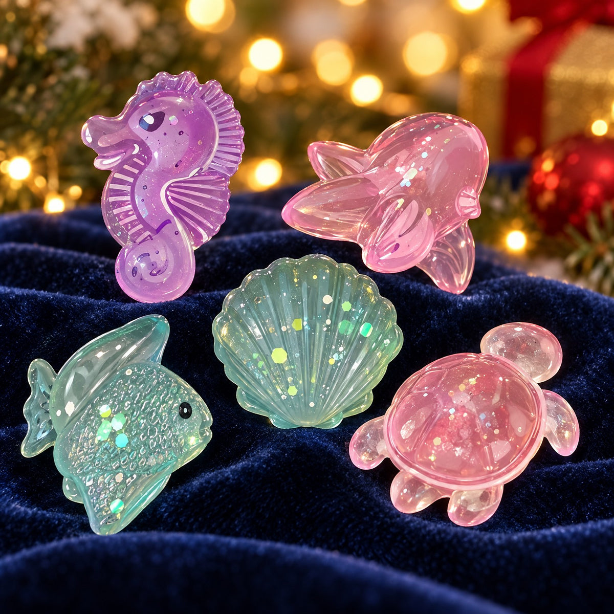 Nahaufnahme Meerestier-Squishies Seepferdchen, Fisch, Muschel und Schildkröte