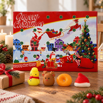 Squishy Adventskalender Merry Christmas mit Quetschfiguren auf dem Holztisch
