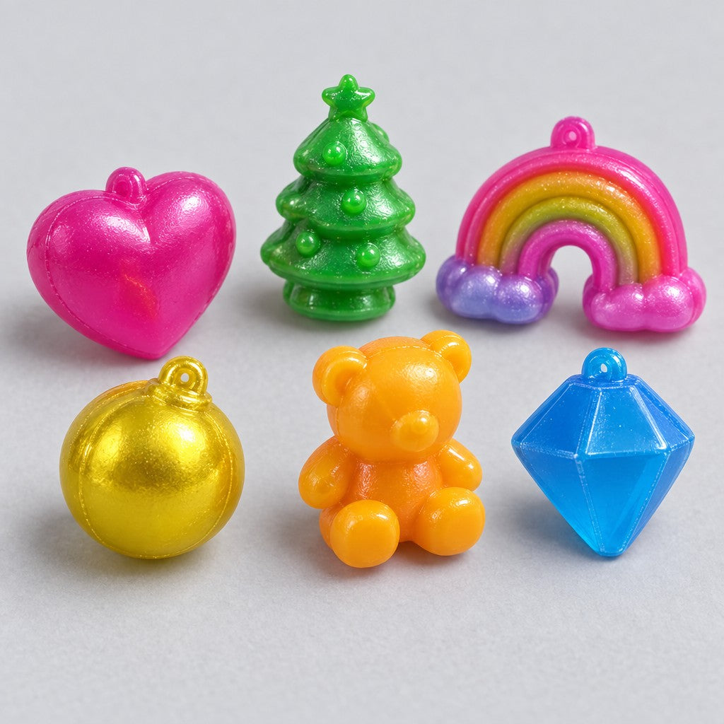 Nahaufnahme: weiche Quetschfiguren in Neonfarben, Herz, Tannenbaum, Regenbogen, Kugel, Bär und Diamant