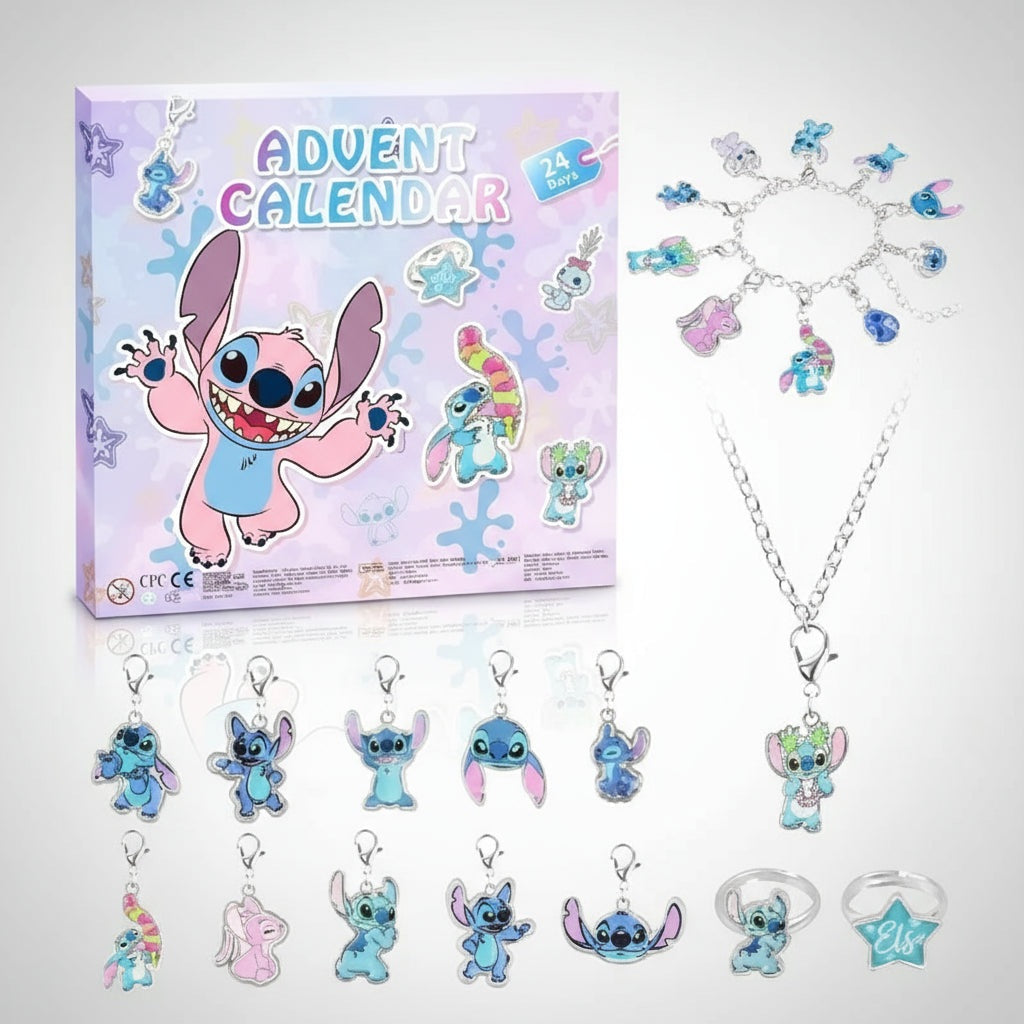 Box mit Aufschrift Advent Calendar und Etikett 24 Days, daneben Armband, Halskette, Stitch-Anhänger mit Karabiner und Ringe