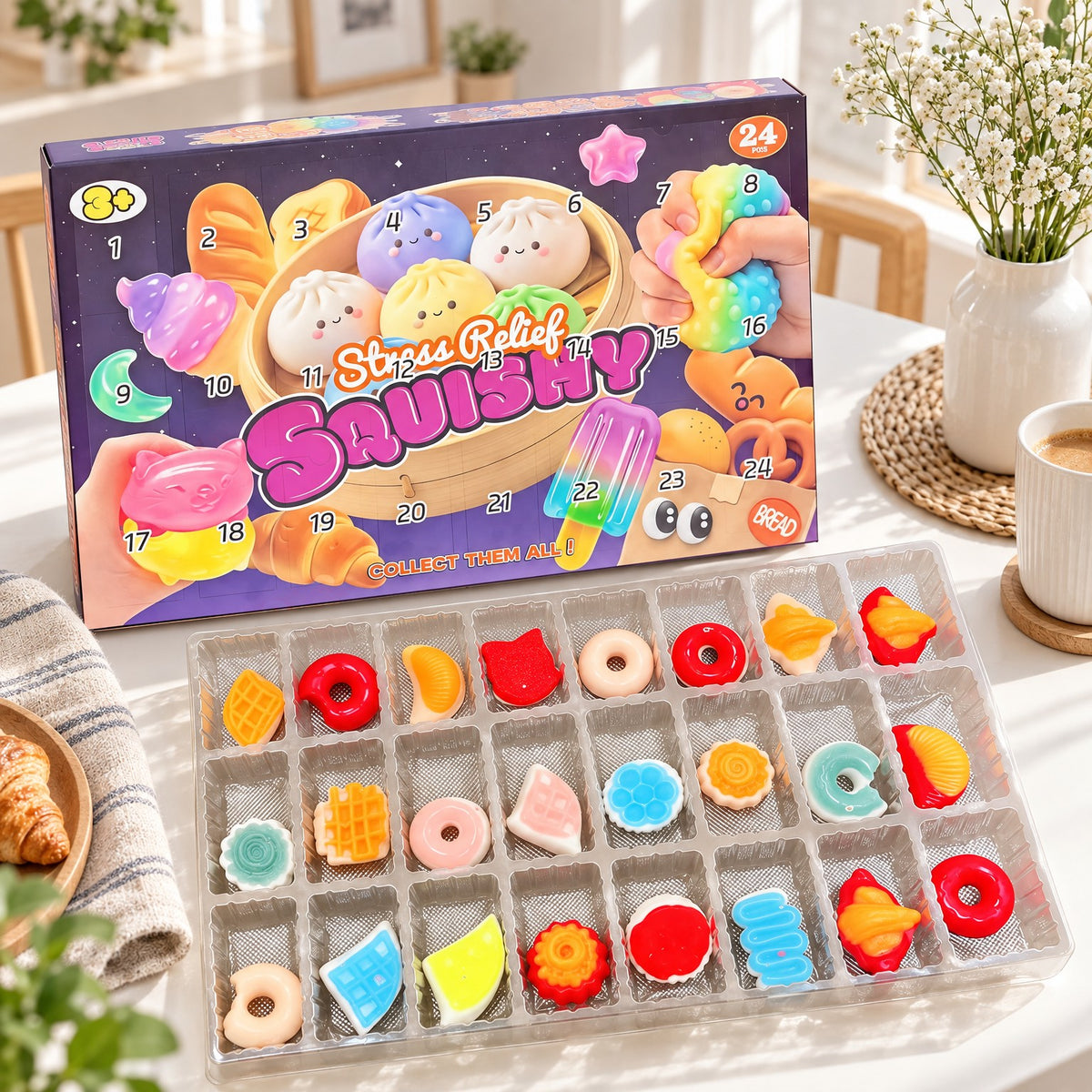 Inhalt Stress Relief Squishy Adventskalender: 24 flache Gebäck-Squishies