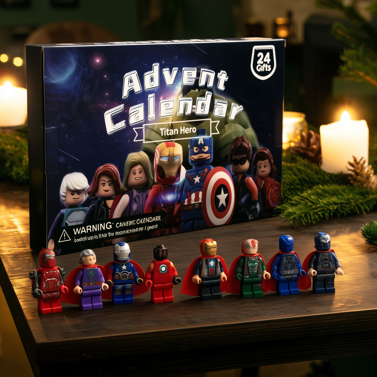 Marvel Bausteine Adventskalender Titan Hero Box mit Superhelden-Minifiguren bei Kerzenlicht