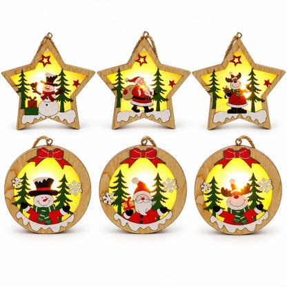 Alle sechs Motive: Weihnachtsmann, Schneemann und Rentier als Stern und rund